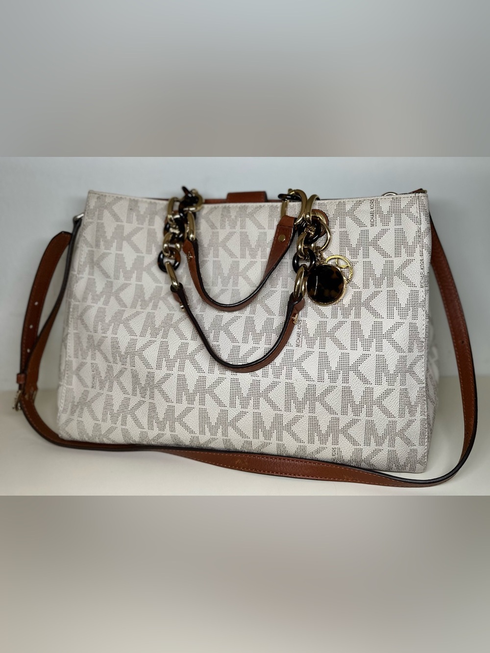 Michael Kors Cream Signature MK Logo Tote with Brown Leather Trim